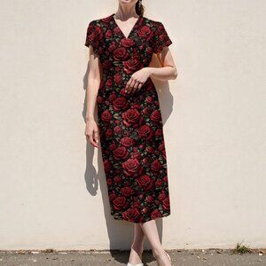 Rose Dress Short Sleeve Size Large Roses black Rockabilly Sexy Spring